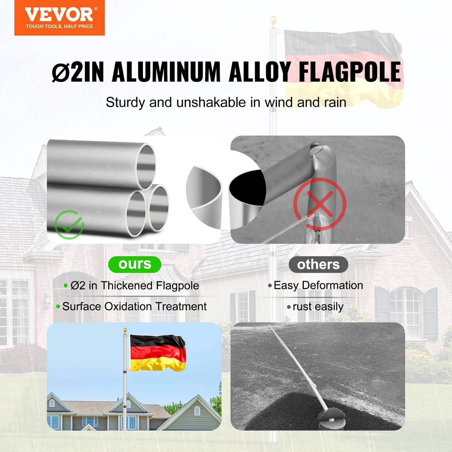25FT teleskopisk flaggstångssats Heavy Duty flaggstång i aluminium tyskt silver