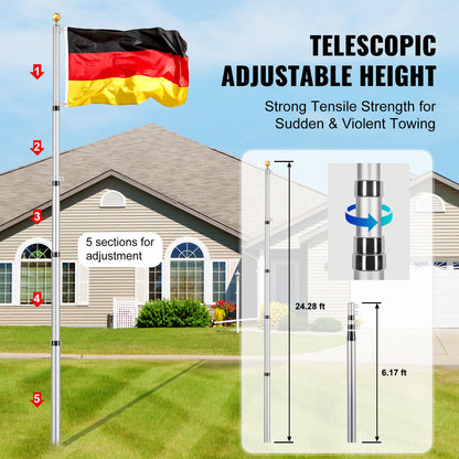 25FT teleskopisk flaggstångssats Heavy Duty flaggstång i aluminium tyskt silver