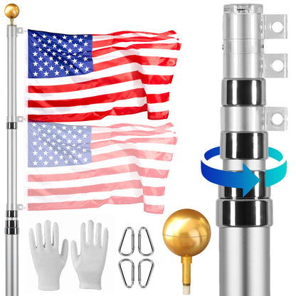 25FT Telescopic Flagpole Kit Heavy Duty Aluminum Flagpole Silver