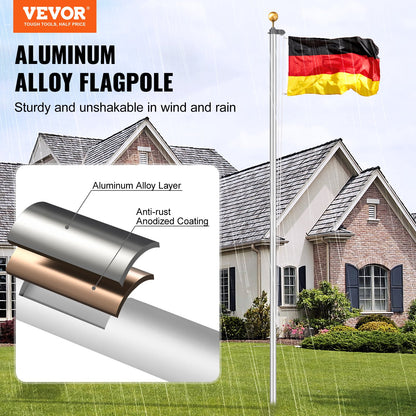 25FT Detachable Flagpole Kit Heavy Duty Aluminum Flagpole German Silver
