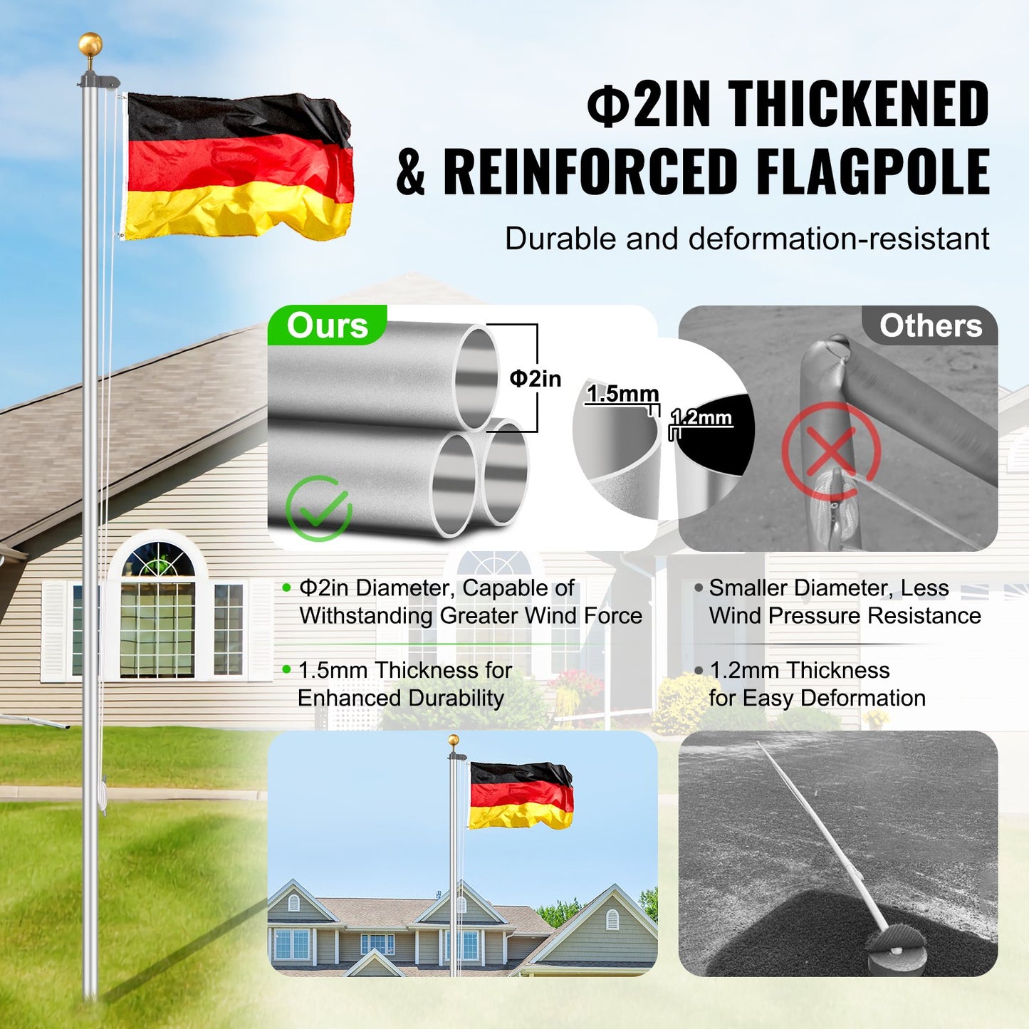 25FT Detachable Flagpole Kit Heavy Duty Aluminum Flagpole German Silver