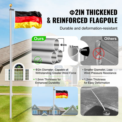 25FT Detachable Flagpole Kit Heavy Duty Aluminum Flagpole German Silver