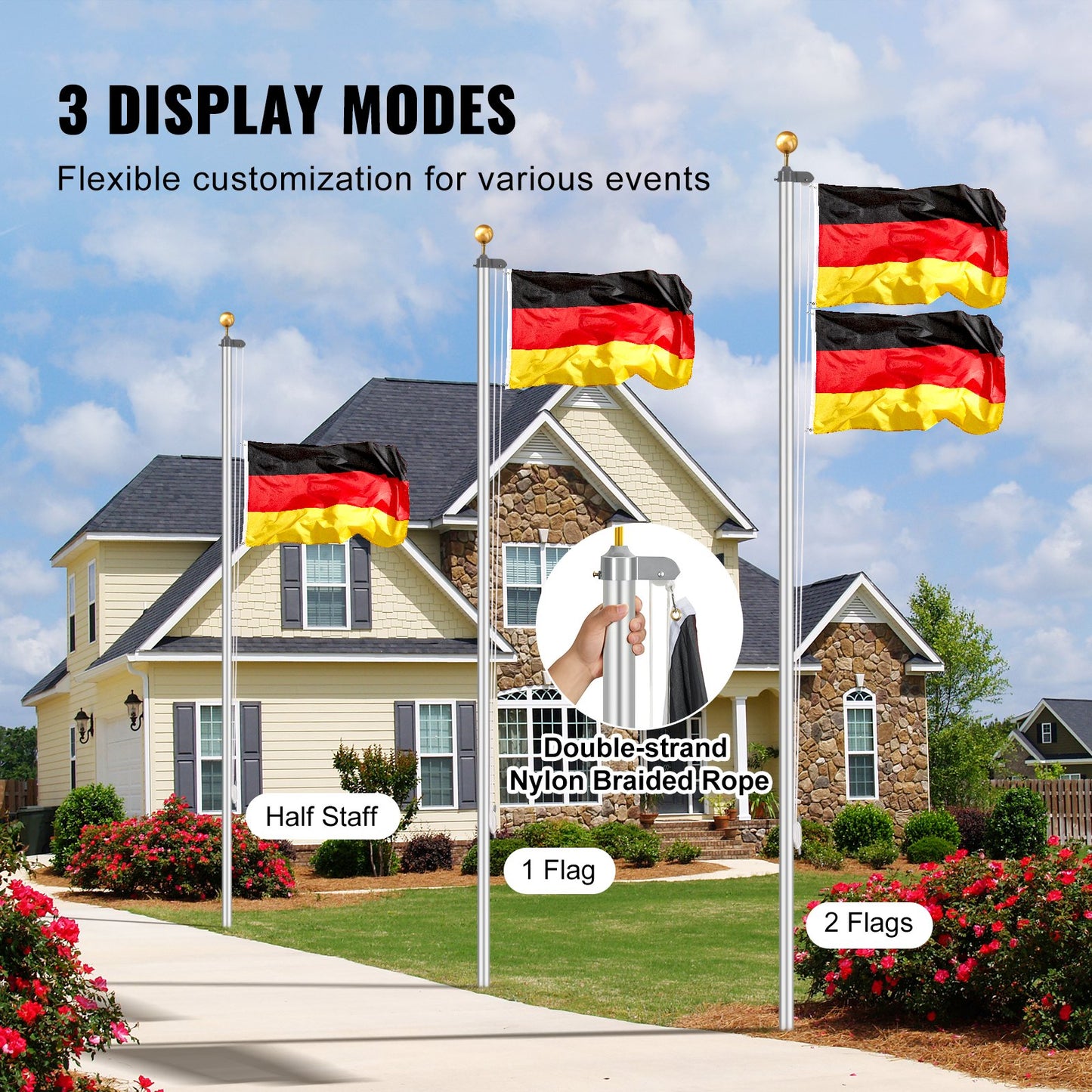 25FT Detachable Flagpole Kit Heavy Duty Aluminum Flagpole German Silver