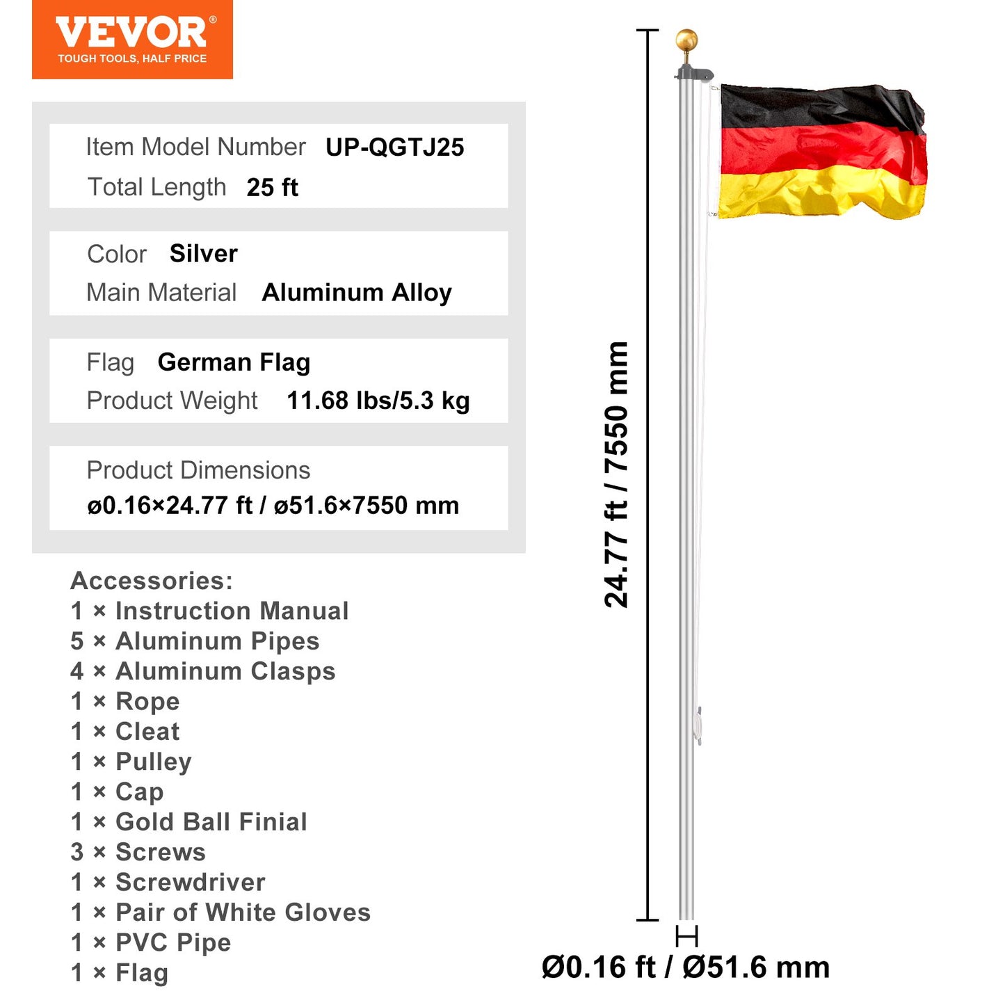 25FT Detachable Flagpole Kit Heavy Duty Aluminum Flagpole German Silver