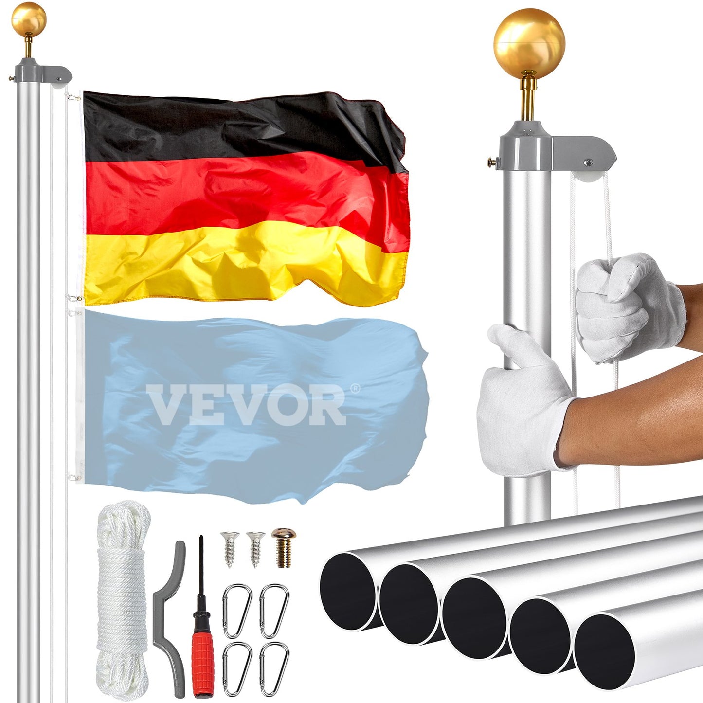 25FT Detachable Flagpole Kit Heavy Duty Aluminum Flagpole German Silver