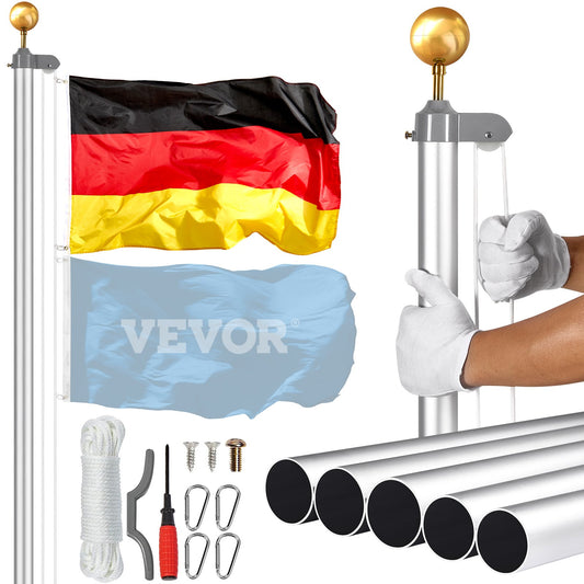 25FT Detachable Flagpole Kit Heavy Duty Aluminum Flagpole German Silver