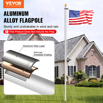 25FT Detachable Flagpole Kit Heavy Duty Aluminum Flagpole Silver