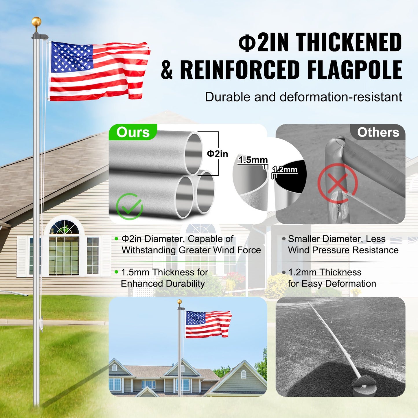 25FT Detachable Flagpole Kit Heavy Duty Aluminum Flagpole Silver