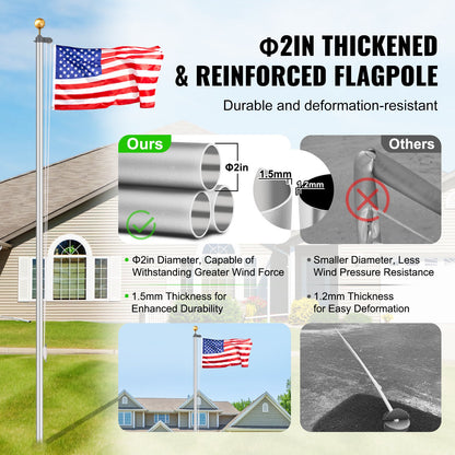 25FT Detachable Flagpole Kit Heavy Duty Aluminum Flagpole Silver