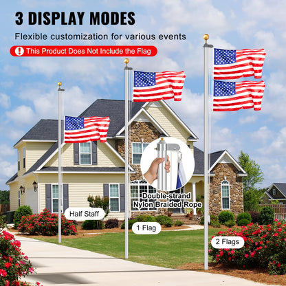 25FT Detachable Flagpole Kit Heavy Duty Aluminum Flagpole Silver