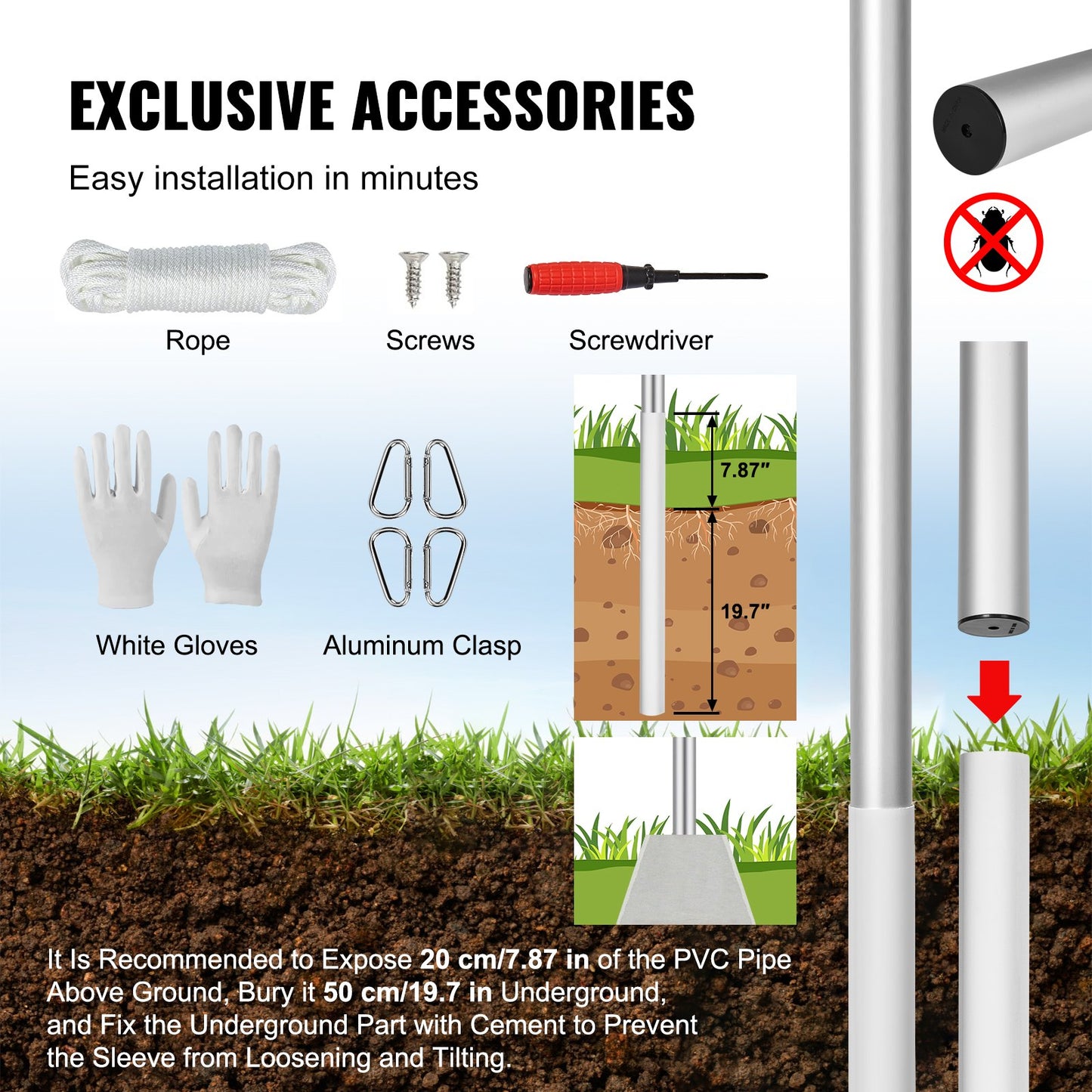 25FT Detachable Flagpole Kit Heavy Duty Aluminum Flagpole Silver