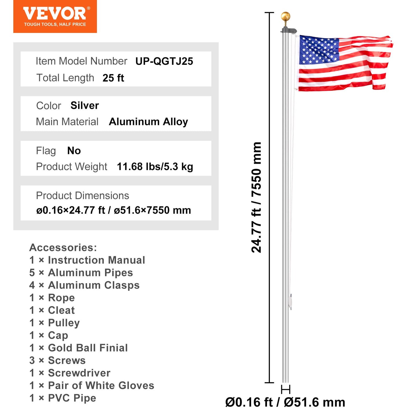 25FT Detachable Flagpole Kit Heavy Duty Aluminum Flagpole Silver