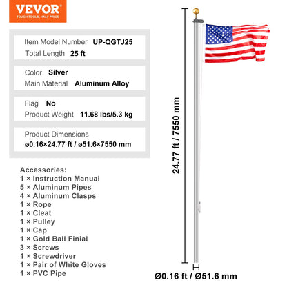 25FT Detachable Flagpole Kit Heavy Duty Aluminum Flagpole Silver