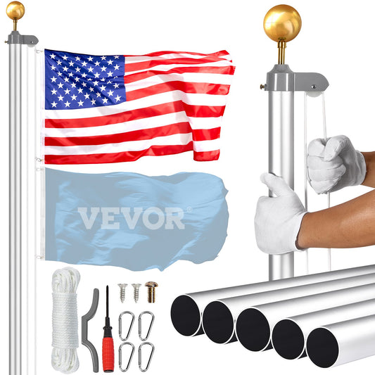 25FT Detachable Flagpole Kit Heavy Duty Aluminum Flagpole Silver