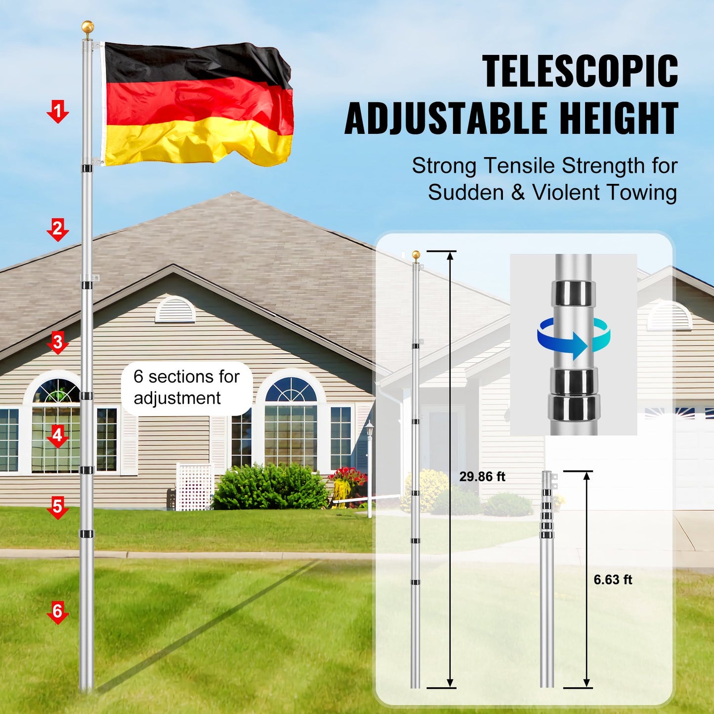 30FT teleskopisk flaggstångssats Heavy Duty flaggstång i aluminium tyskt silver