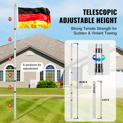 30FT teleskopisk flaggstångssats Heavy Duty flaggstång i aluminium tyskt silver