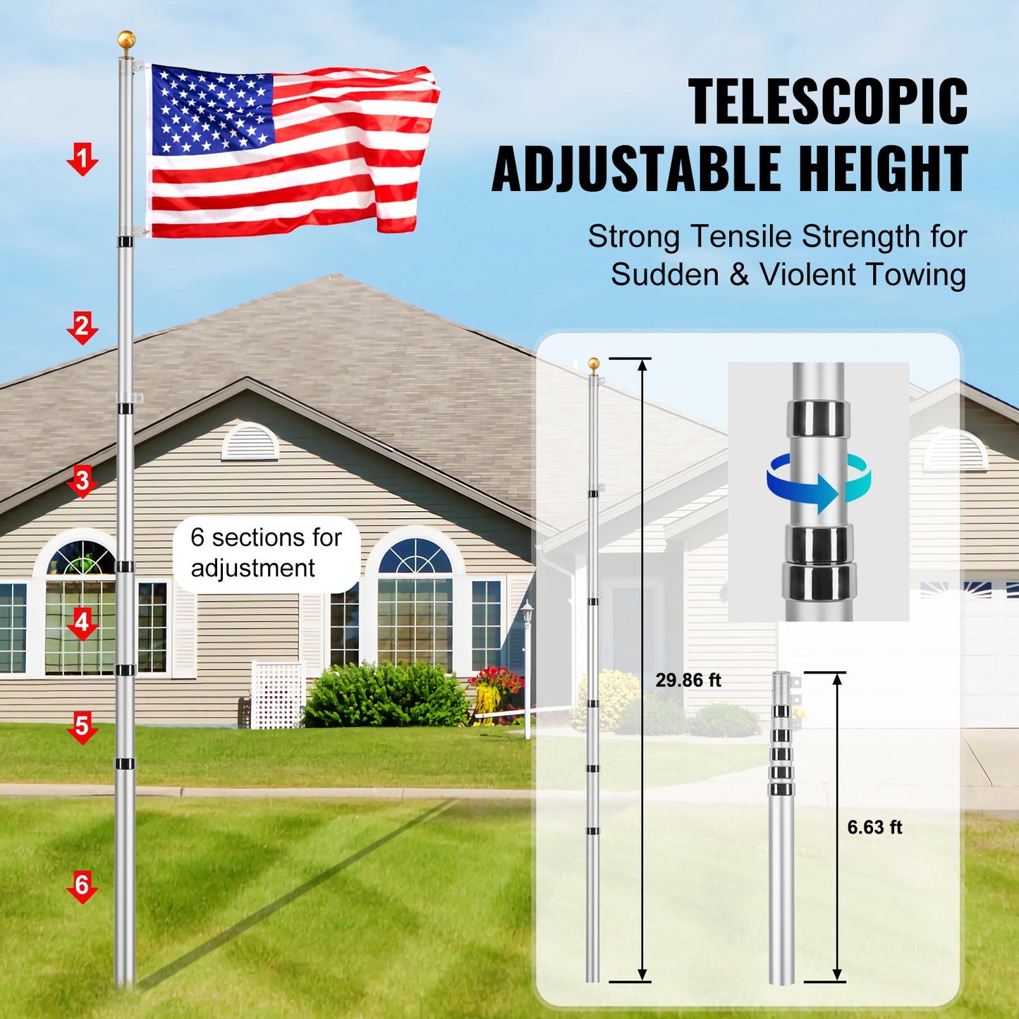 30FT Telescopic Flagpole Kit Heavy Duty Aluminum Flagpole Silver