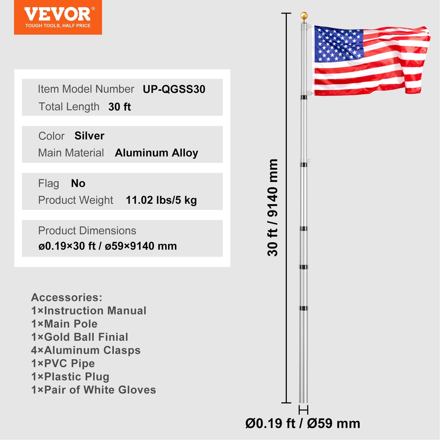 30FT Telescopic Flagpole Kit Heavy Duty Aluminum Flagpole Silver