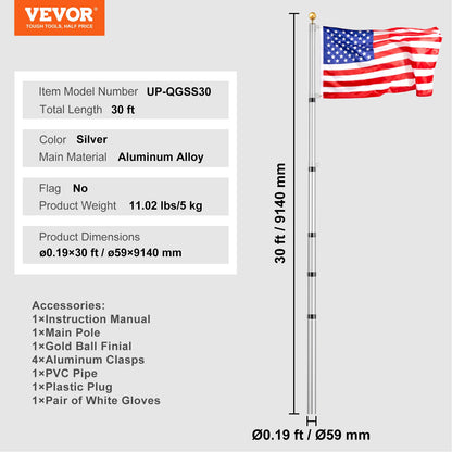 30FT Telescopic Flagpole Kit Heavy Duty Aluminum Flagpole Silver