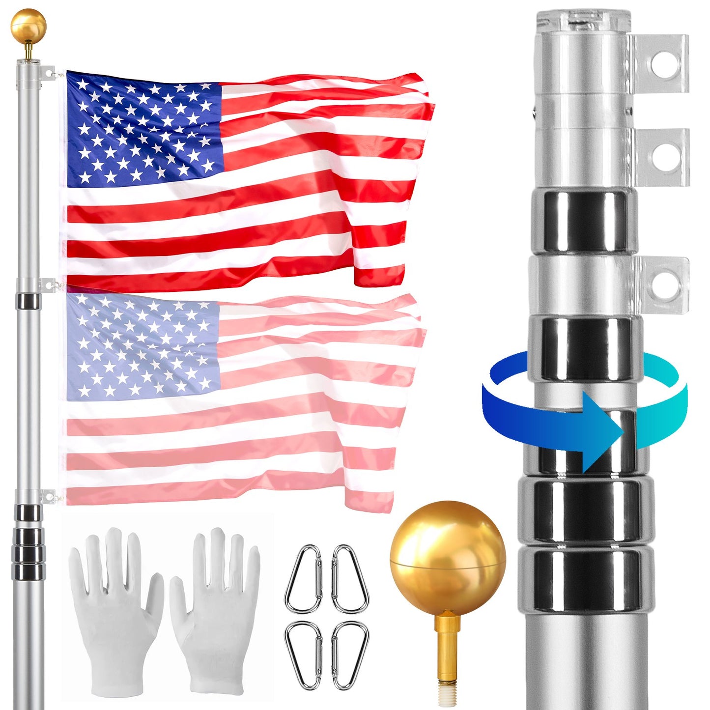 30FT Telescopic Flagpole Kit Heavy Duty Aluminum Flagpole Silver