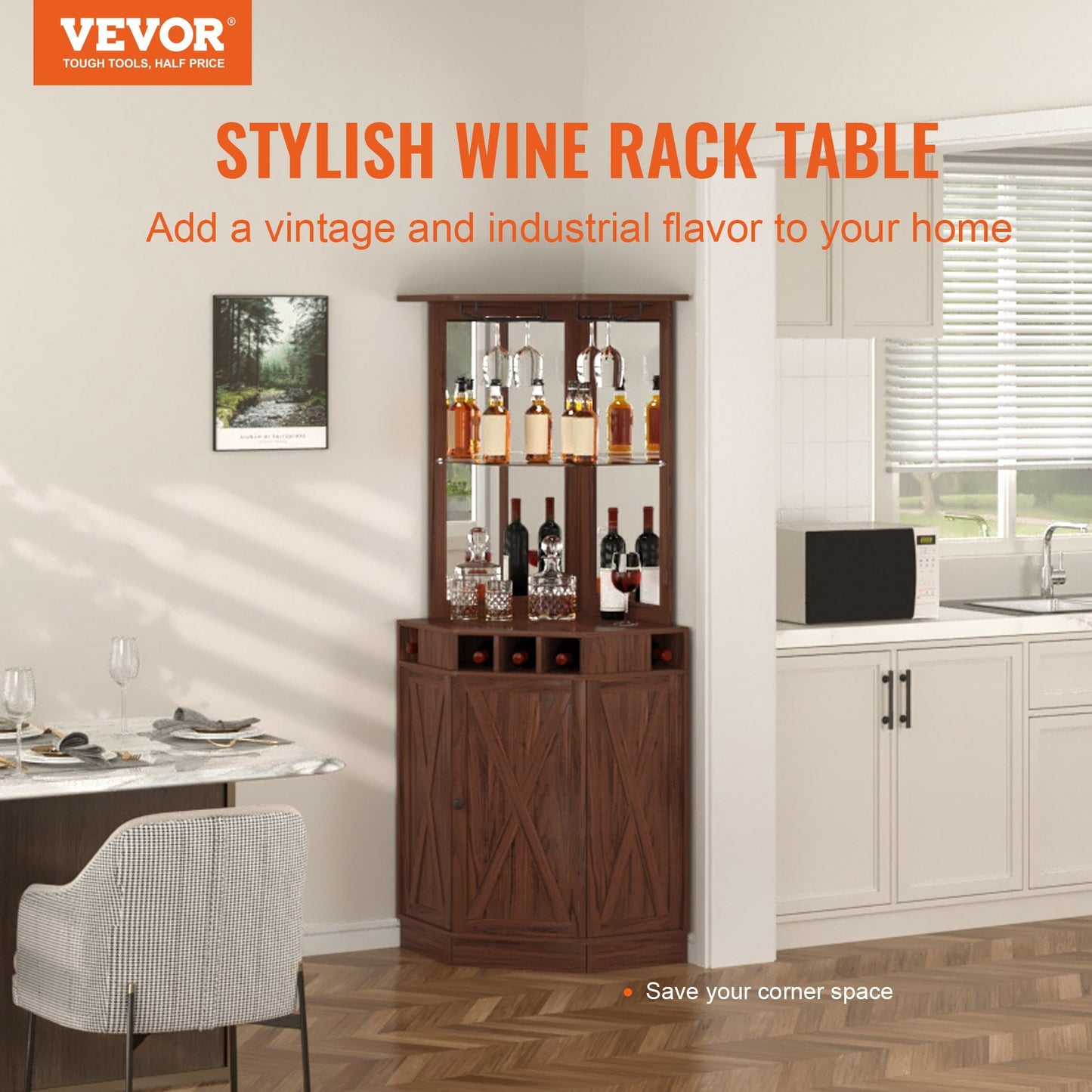 Corner Industrial Bar-skåp, vinbord för sprit & glas, sideboard-bufféskåp med glashållare, fristående bondgård i trä kaffebarskåp för vardagsrum, hembar, svart valnöt