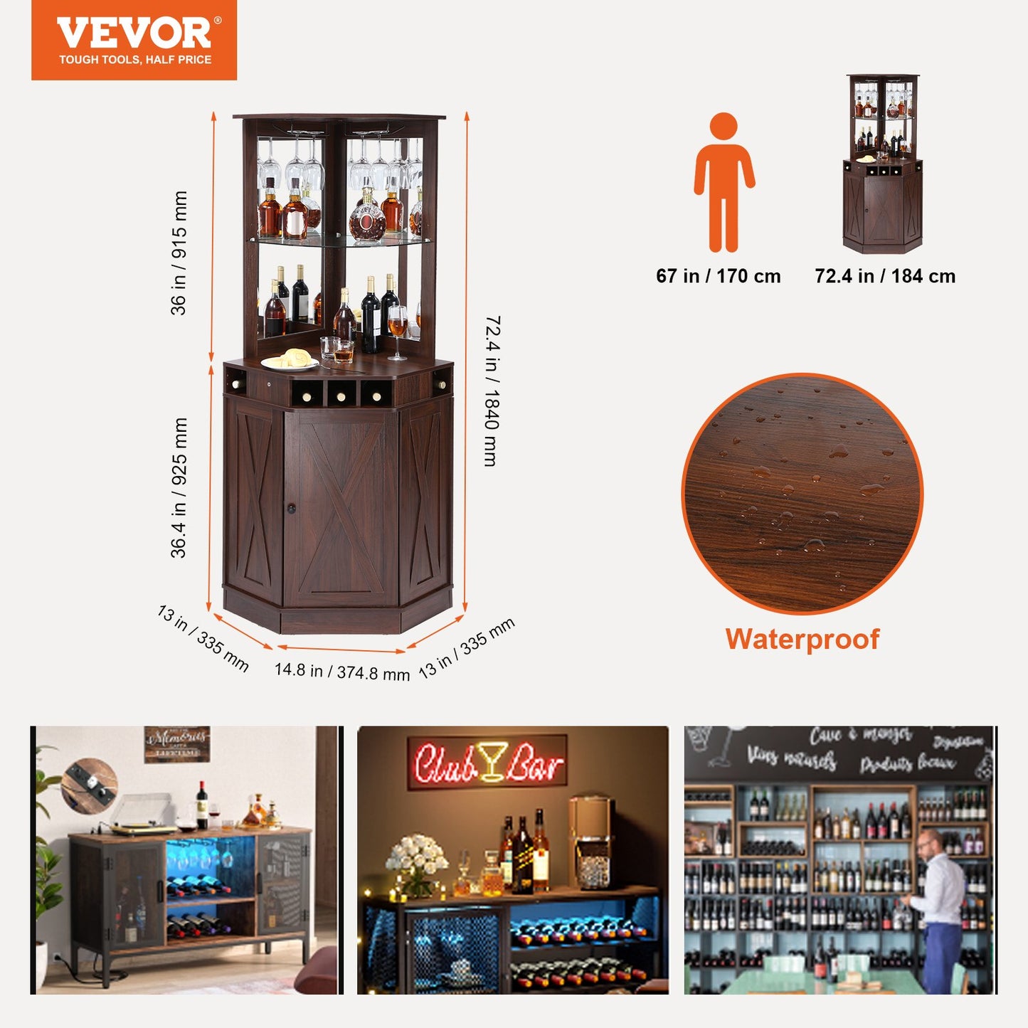 Corner Industrial Bar-skåp, vinbord för sprit & glas, sideboard-bufféskåp med glashållare, fristående bondgård i trä kaffebarskåp för vardagsrum, hembar, svart valnöt