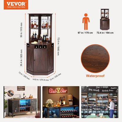 Corner Industrial Bar-skåp, vinbord för sprit & glas, sideboard-bufféskåp med glashållare, fristående bondgård i trä kaffebarskåp för vardagsrum, hembar, svart valnöt