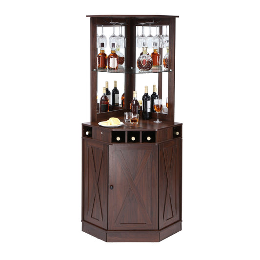 Eckbarschrank im Industriestil, Weintisch für Spirituosen und Gläser, Sideboard-Buffetschrank mit Glashalter, freistehender Kaffeebarschrank aus Holz im Bauernhausstil für Wohnzimmer, Hausbar, Schwarznuss