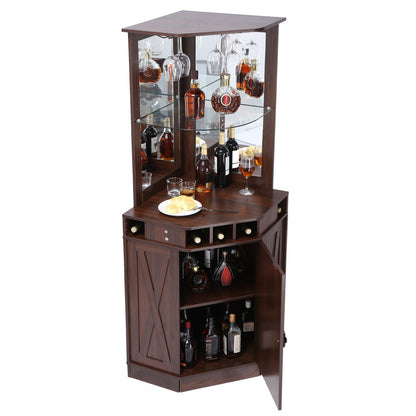 Corner Industrial Bar-skåp, vinbord för sprit & glas, sideboard-bufféskåp med glashållare, fristående bondgård i trä kaffebarskåp för vardagsrum, hembar, svart valnöt