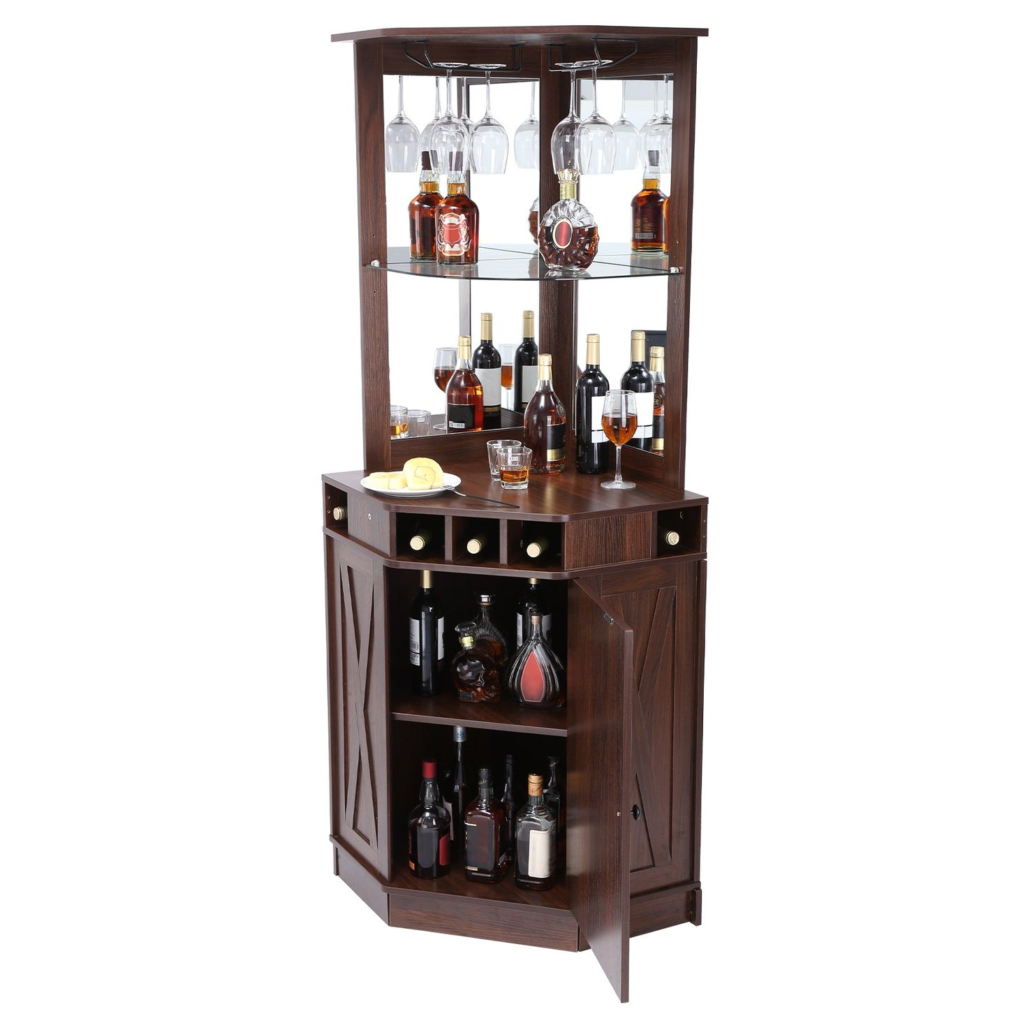 Corner Industrial Bar-skåp, vinbord för sprit & glas, sideboard-bufféskåp med glashållare, fristående bondgård i trä kaffebarskåp för vardagsrum, hembar, svart valnöt