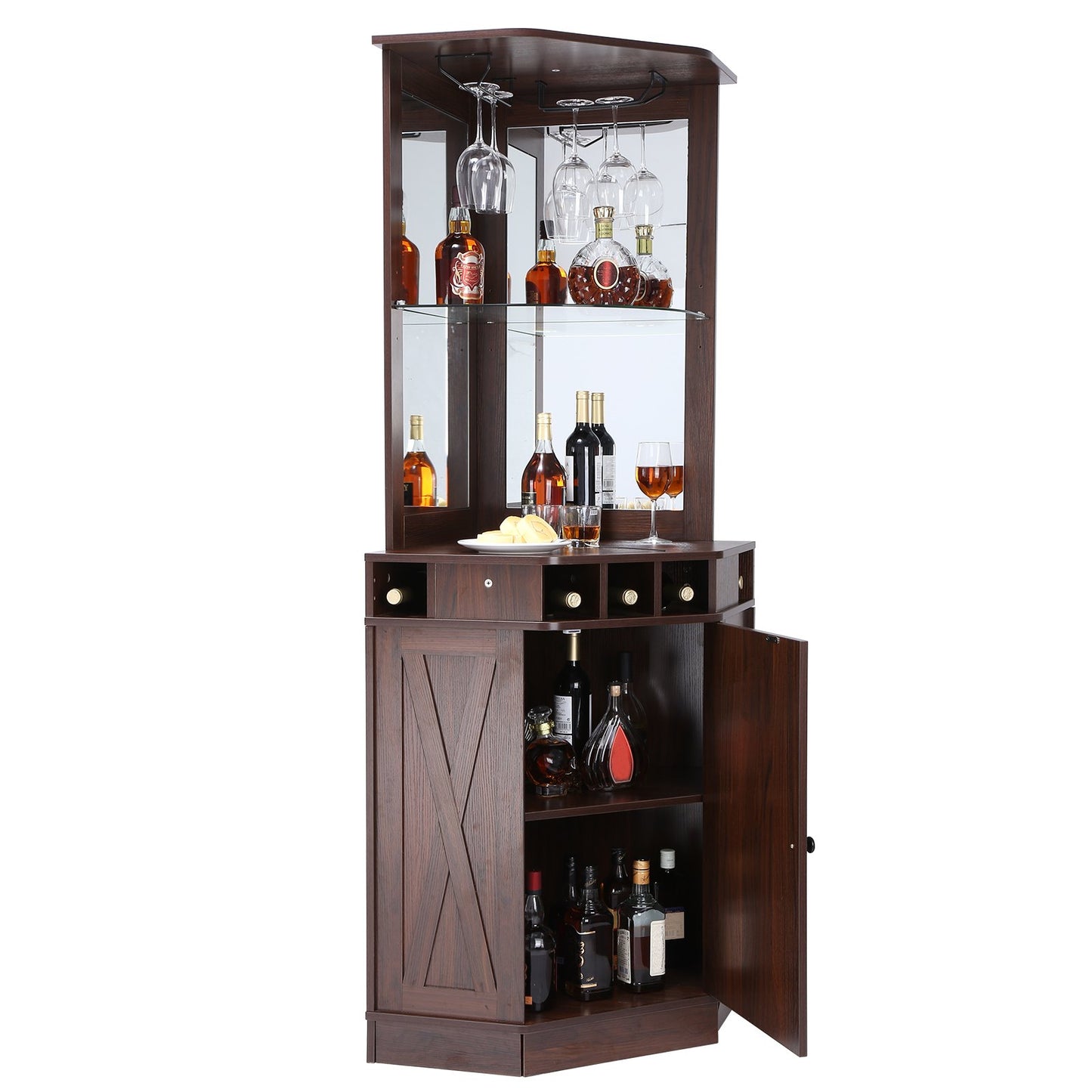 Corner Industrial Bar-skåp, vinbord för sprit & glas, sideboard-bufféskåp med glashållare, fristående bondgård i trä kaffebarskåp för vardagsrum, hembar, svart valnöt
