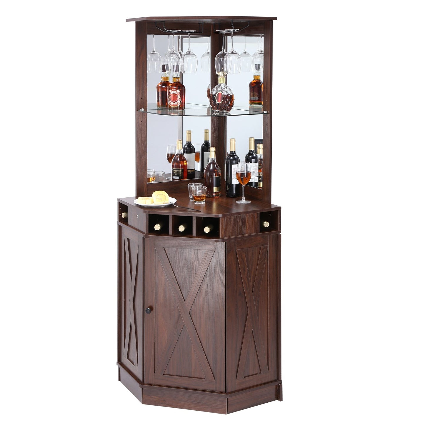 Corner Industrial Bar-skåp, vinbord för sprit & glas, sideboard-bufféskåp med glashållare, fristående bondgård i trä kaffebarskåp för vardagsrum, hembar, svart valnöt