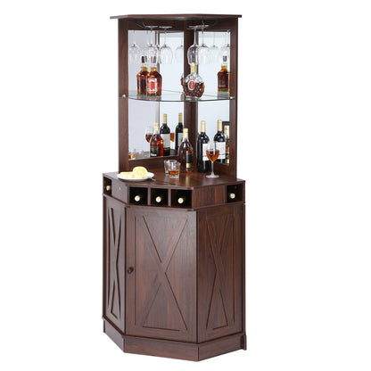 Corner Industrial Bar-skåp, vinbord för sprit & glas, sideboard-bufféskåp med glashållare, fristående bondgård i trä kaffebarskåp för vardagsrum, hembar, svart valnöt