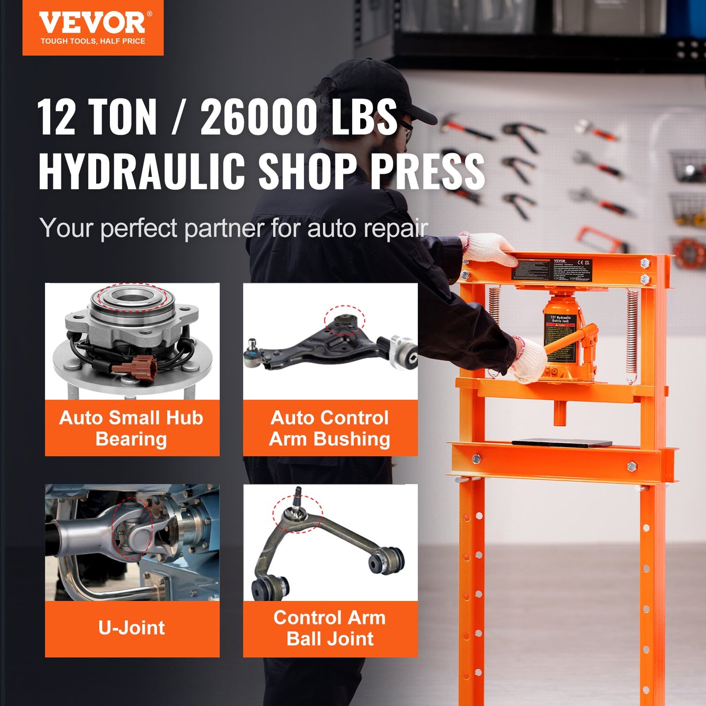 Hydraulic, 12 ton H-ramgolv, stansplåtar, justerbar arbetsbordshöjd för att böja eller räta ut metall, garage eller hem Butikspress, orange
