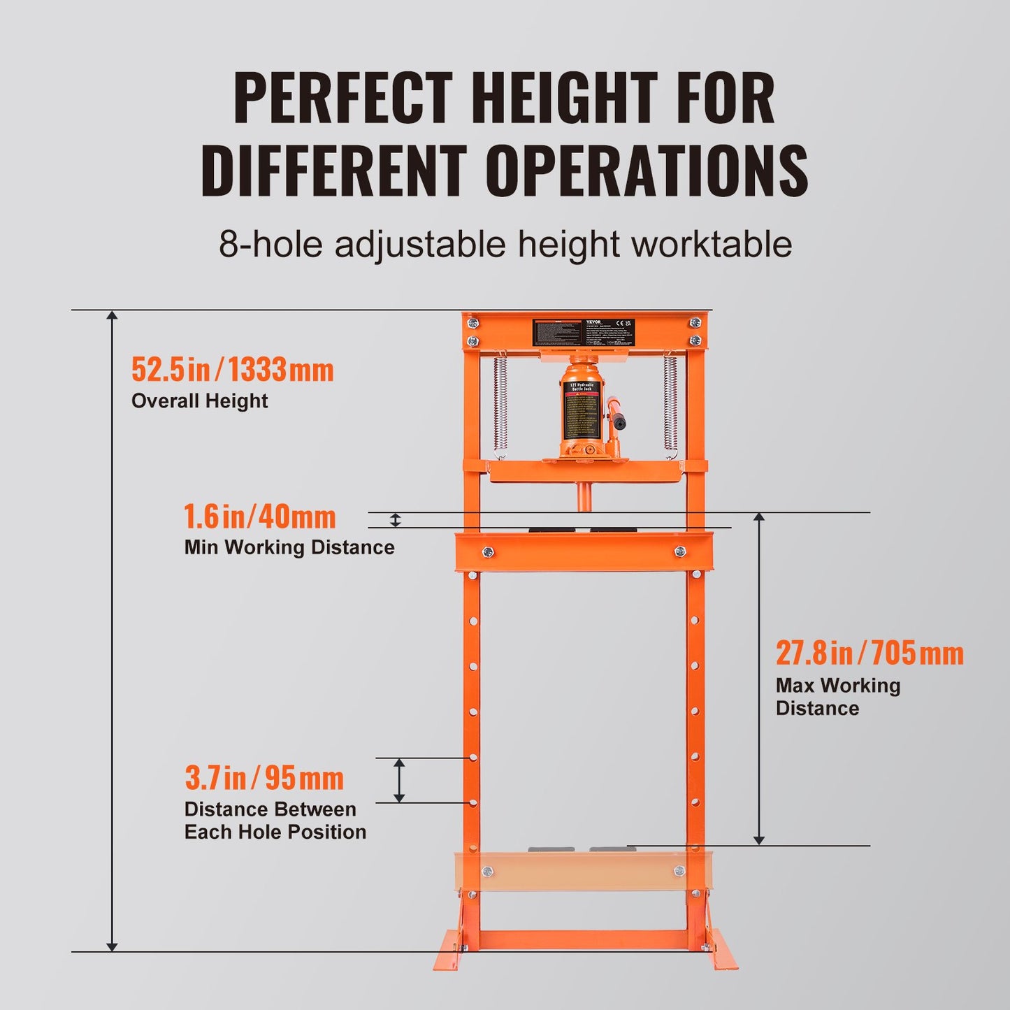 Hydraulic, 12 ton H-ramgolv, stansplåtar, justerbar arbetsbordshöjd för att böja eller räta ut metall, garage eller hem Butikspress, orange