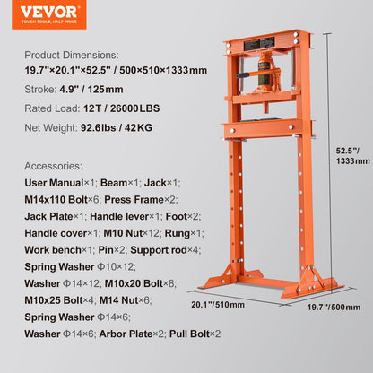 Hydraulic, 12 ton H-ramgolv, stansplåtar, justerbar arbetsbordshöjd för att böja eller räta ut metall, garage eller hem Butikspress, orange