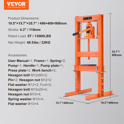 Hydraulic Shop Press 6 Ton with press plates H-Frame bench press stand
