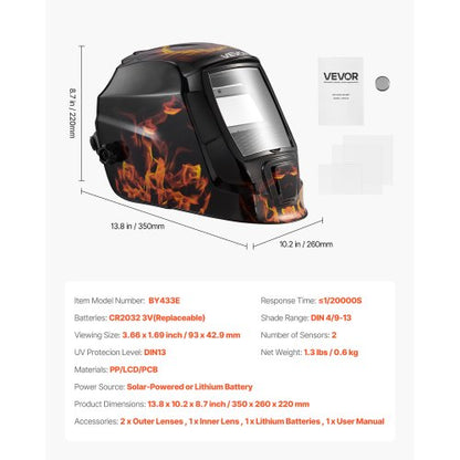 svetshjälm automatisk nedbländning, 93 x 43 mm svetshuva i äkta färg, soldriven svetsmask med 2 ljusbågssensorer, skugga 4/9-13 för TIG MIG ARC-svetsning och slipning - CRIUS-serien (gult flammönster) |  EU