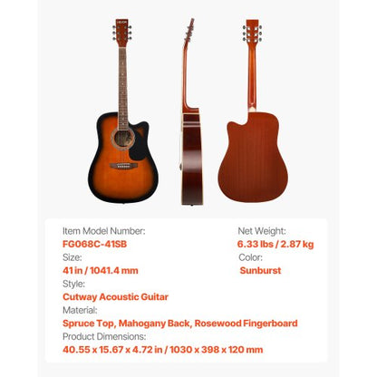 41-tums Cutway akustisk gitarr nybörjarpaket gigbag för vuxen Sunburst