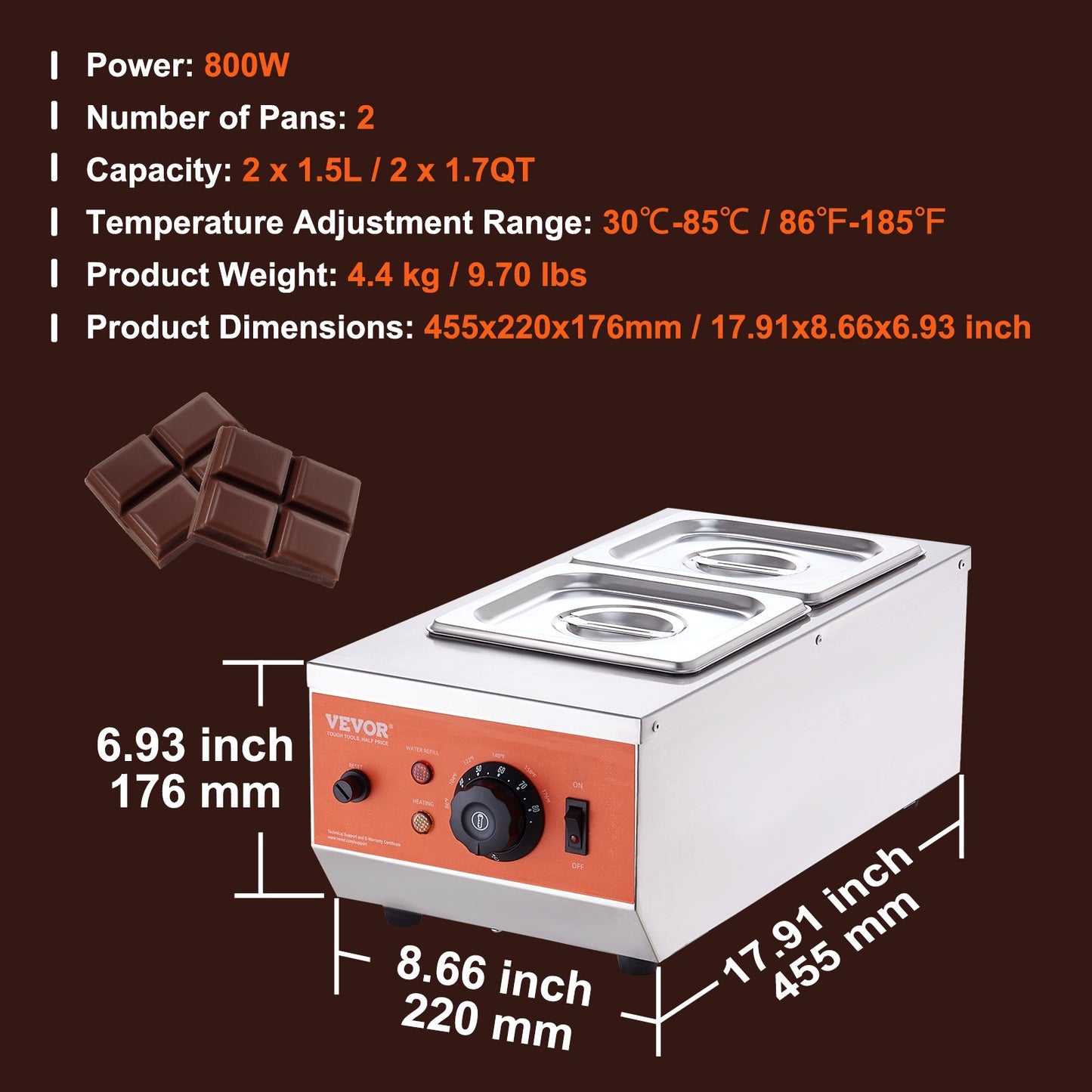 Chokladtempereringsmaskin Chokladsmältdegel 9 pund 2 tankar