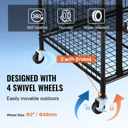 Rolling Sports Ball Storage Cart, Lockable Basketball Cage with Elastic Straps, Sports Equipment Holder for Indoor Outdoor, Steel Storage Rack for Garage, Playgroup, Gym and Schools