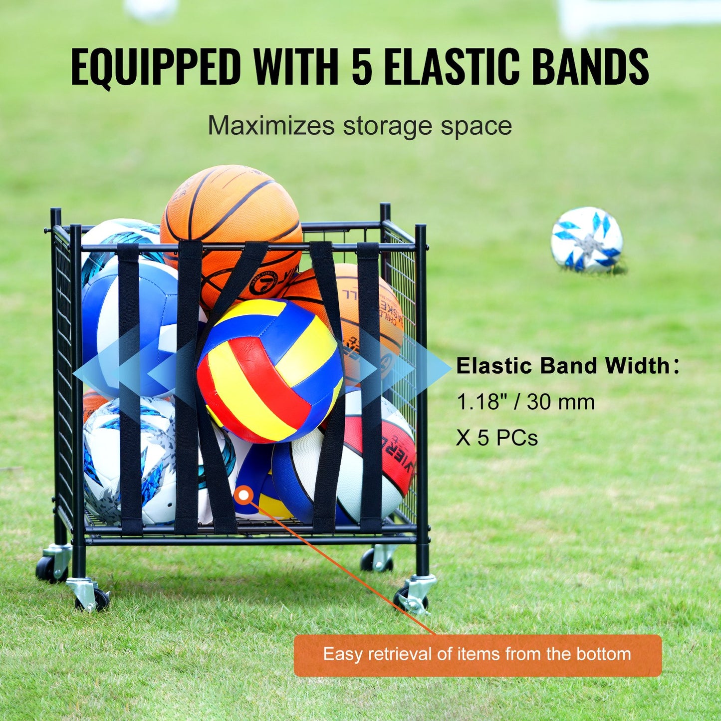 Rolling Sports Ball Storage Cart, Lockable Basketball Cage with Elastic Straps, Sports Equipment Holder for Indoor Outdoor, Steel Storage Rack for Garage, Playgroup, Gym and Schools