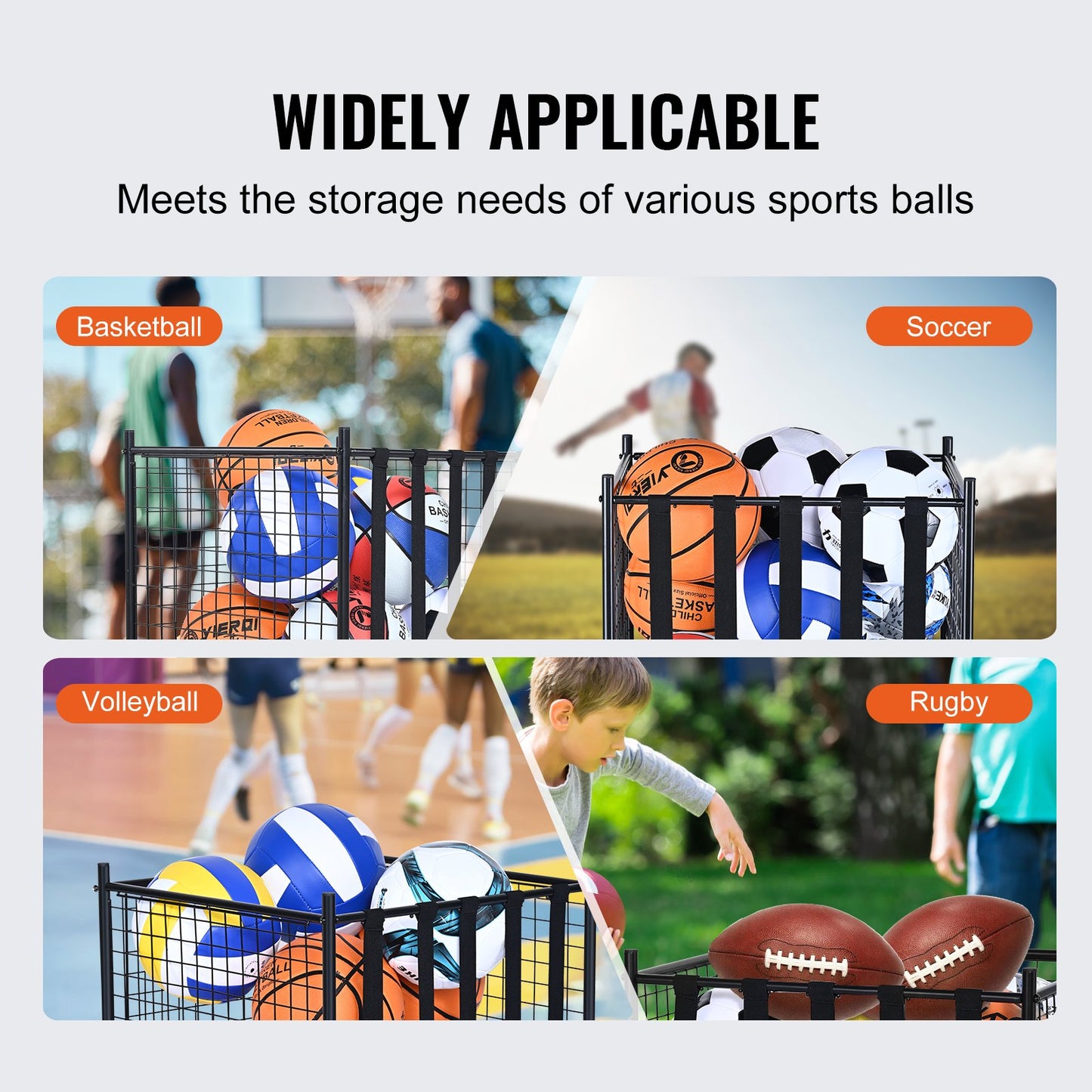 Rolling Sports Ball Storage Cart, Lockable Basketball Cage with Elastic Straps, Sports Equipment Holder for Indoor Outdoor, Steel Storage Rack for Garage, Playgroup, Gym and Schools