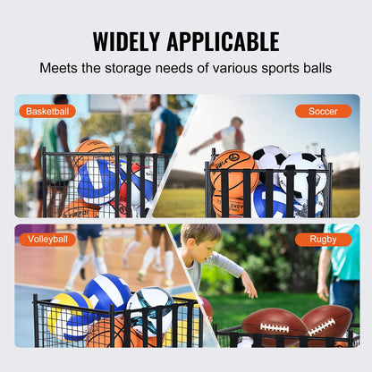 Rolling Sports Ball Storage Cart, Lockable Basketball Cage with Elastic Straps, Sports Equipment Holder for Indoor Outdoor, Steel Storage Rack for Garage, Playgroup, Gym and Schools