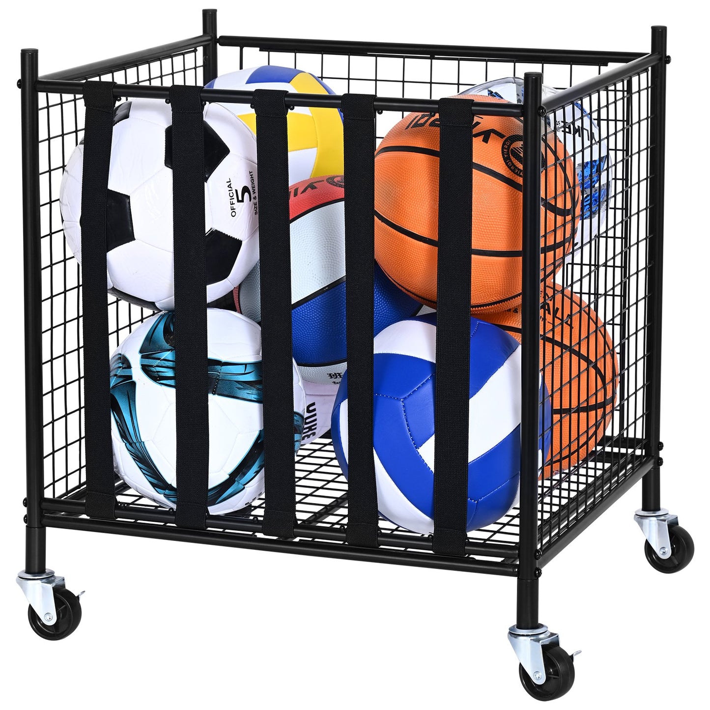 Rolling Sports Ball Storage Cart, Lockable Basketball Cage with Elastic Straps, Sports Equipment Holder for Indoor Outdoor, Steel Storage Rack for Garage, Playgroup, Gym and Schools