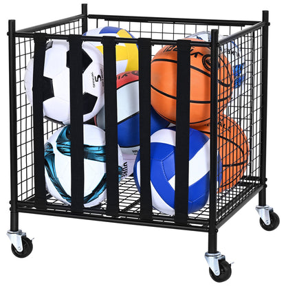 Rolling Sports Ball Storage Cart, Lockable Basketball Cage with Elastic Straps, Sports Equipment Holder for Indoor Outdoor, Steel Storage Rack for Garage, Playgroup, Gym and Schools