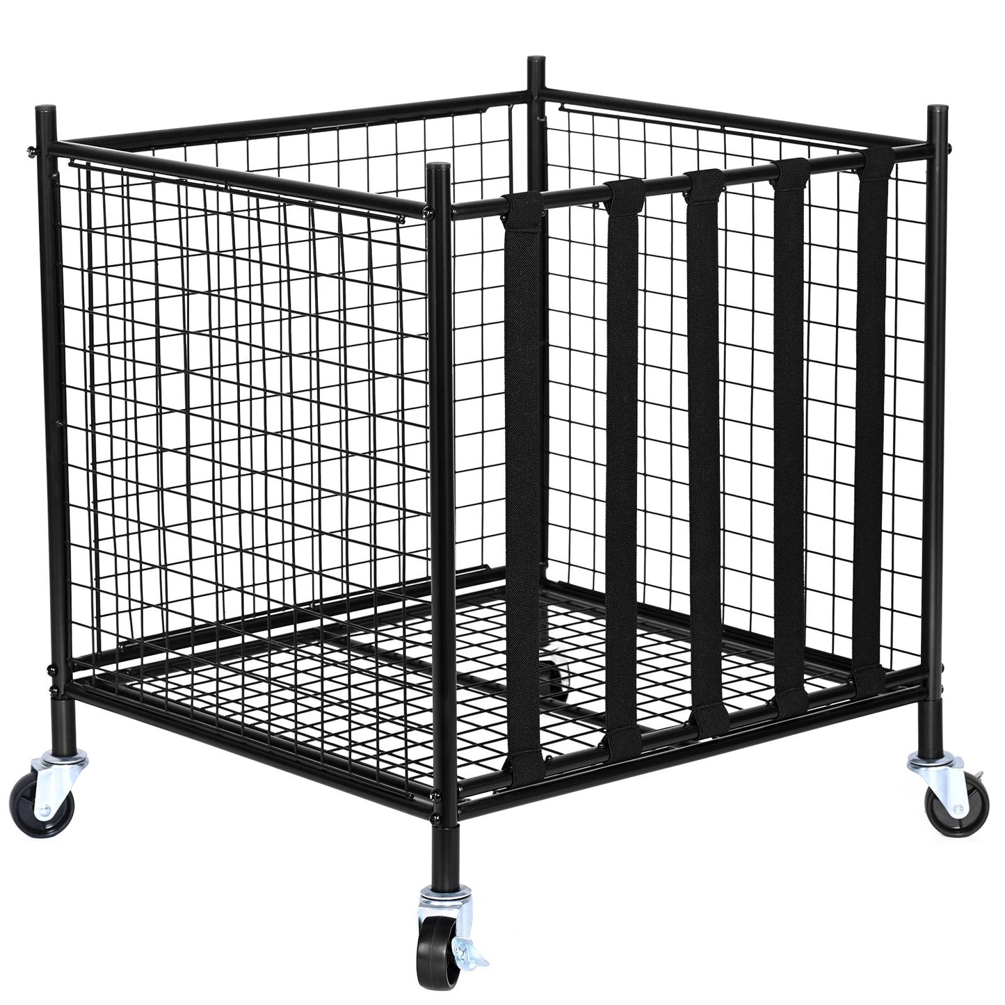 Rolling Sports Ball Storage Cart, Lockable Basketball Cage with Elastic Straps, Sports Equipment Holder for Indoor Outdoor, Steel Storage Rack for Garage, Playgroup, Gym and Schools