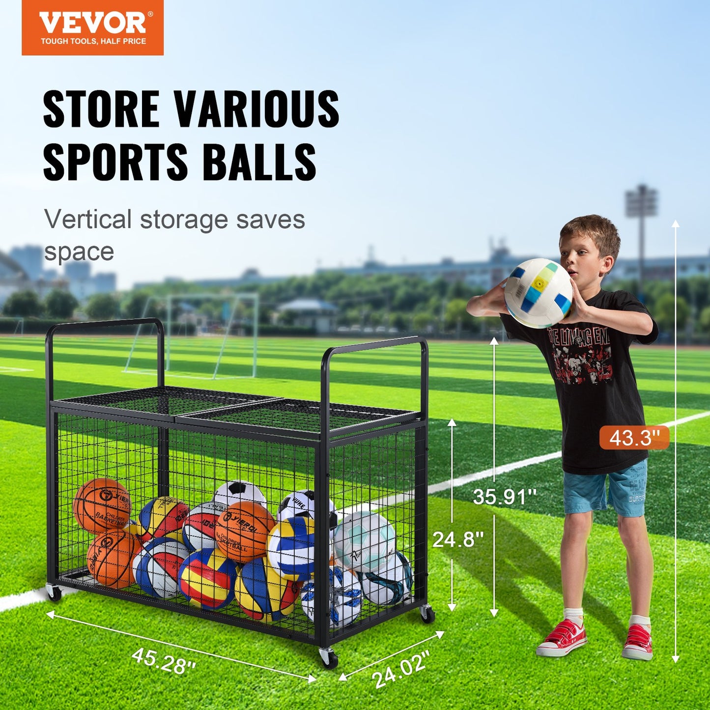 Rolling Sports Ball förvaringsvagn, låsbar basketbur med dubbla lock, sportutrustningshållare för inomhus utomhus, förvaringsställ i stål för garage, lekgrupp, gym och skolor