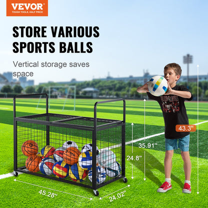 Rolling Sports Ball förvaringsvagn, låsbar basketbur med dubbla lock, sportutrustningshållare för inomhus utomhus, förvaringsställ i stål för garage, lekgrupp, gym och skolor