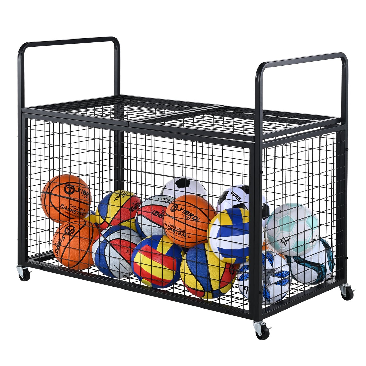 Rolling Sports Ball förvaringsvagn, låsbar basketbur med dubbla lock, sportutrustningshållare för inomhus utomhus, förvaringsställ i stål för garage, lekgrupp, gym och skolor